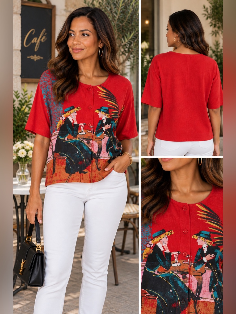 Marguerita Red Vintage-Inspired Art Print Button Front Top Size Medium